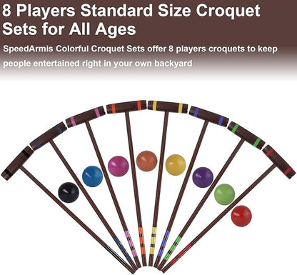 28In Croquet Party Set for 8 Players - Made of Long-Lasting Pine Wood, Family Fun for Backyards, Camping and More, Comes with Colorful Mallets, PE Balls, Wickets, Stakes, and Carrying Bag