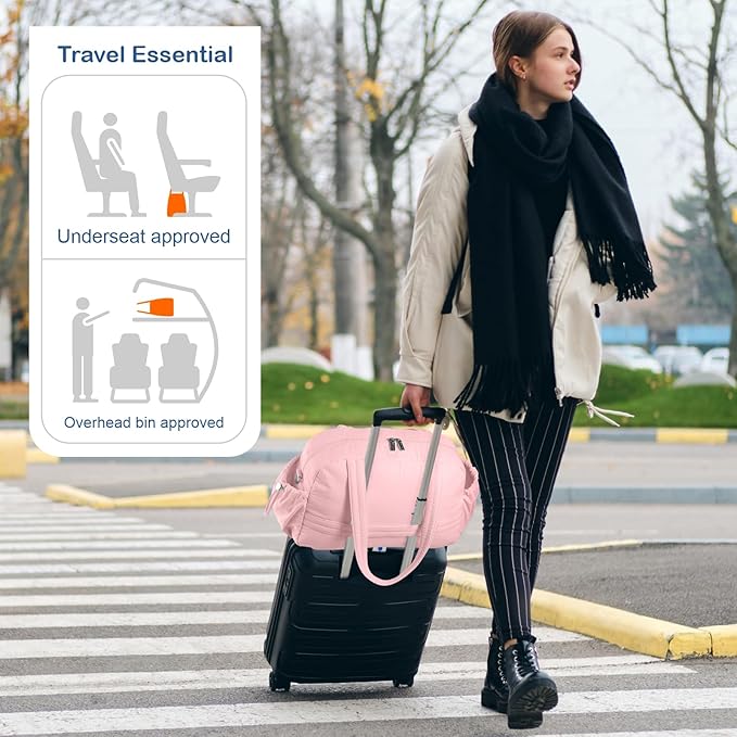 TOPDesign Travel Duffel Bag for Women, Puffer Gym Bag Sports Tote with Wet Pocket, Carry On Weekender with Luggage Sleeve (Baby Pink)