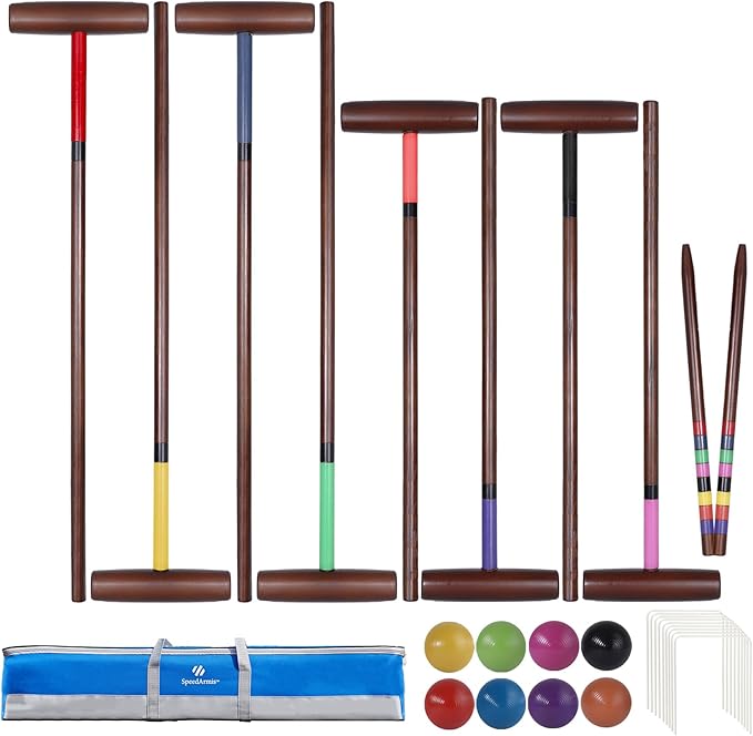 8 Players Croquet Set with 32In Regulation | 28In Standard Size Rubber Wood Mallets, Colored PE Ball, Wickets, 21In End Stakes and Bag - Lawn Backyard Game for Teens/Adults/Family