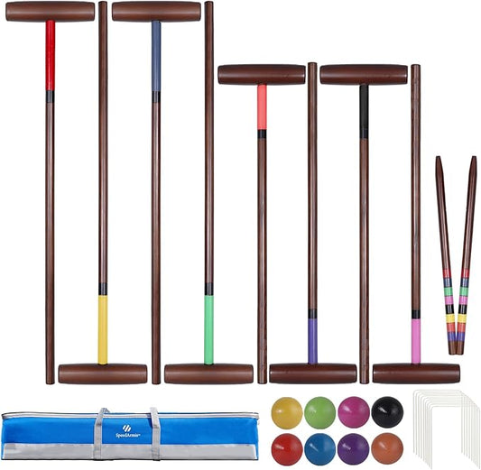 8 Players Croquet Set with 32In Regulation | 28In Standard Size Rubber Wood Mallets, Colored PE Ball, Wickets, 21In End Stakes and Bag - Lawn Backyard Game for Teens/Adults/Family