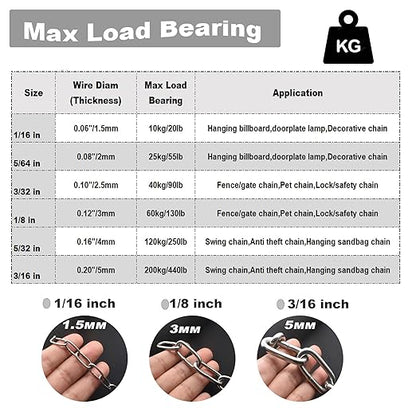 1/8 inch(3mm) Wire Diameter Stainless Steel Safety Chains 40 inch Long Link Rings Light Duty Coil Chain for Hanging Pulling Towing, 1/8"x 40" (2Pcs)