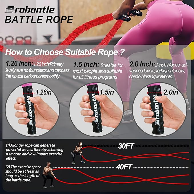 Battle Rope 1/1.26/1.5/2 Inch Diameter,Pink 30FT/40FT/50FT Exercise Workout Ropes for Home Gym Heavy Weighted Training Rope for Working Out
