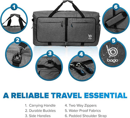 Bago Large Foldable Duffel Bags for Traveling Women & Men - 120L Packable Duffle Bag for Travel with Shoe Compartment - Water Repellant, Heavy Duty, Lightweight Folding & Collapsible (SnowBlack)