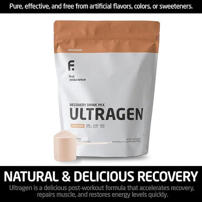 FIRST ENDURANCE Ultragen Workout Recovery Drink Powder, Protein Mix, Boosts Energy, Accelerates Recovery | Cappuccino, 15 Servings