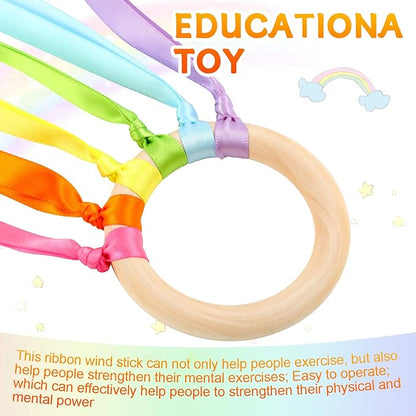 12 Pcs Rainbow Ribbon Wooden Waldorf Toys Creative Waldorf Hand Kite Set Streamers with Wood Ring Sensory Learning Educational Toy for Playroom Dancing Birthday (Fresh Color)
