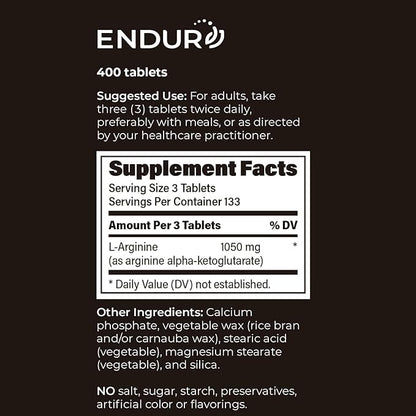 Endur L-Arginine, Healthy Blood Flow & Heart Function Supplement, Supports Exercise Performance & Immune Health, Gluten Free, 350mg (400 Tablets)