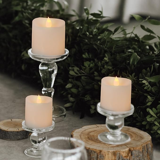 3x3 Flickering Flameless Candles Set of 3,3 inch Real Wax LED 600 Hours Battery Candles with Timer Remote,Control for Wedding Party Indoor,Ivory