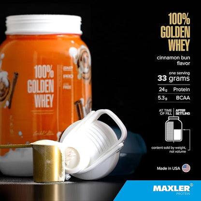 Maxler 100% Golden Whey Protein - 24g of Protein per Serving - Premium Whey Protein Powder for Pre Post Workout - Fast-Absorbing Whey Concentrate, Isolate & Hydrolysate Blend - Cinnamon Bun 2 lbs