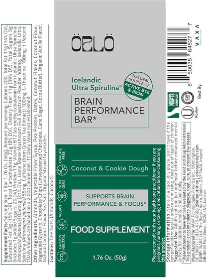 ORLO BRAIN PERFORMANCE BAR ??Vegan Protein Bars for Brain & Energy Support ??Focus & Memory, Pre & Post Workout Recovery ??Gluten Free Snack with L-Theanine, Lions Mane, Spirulina & More (12 Bars)