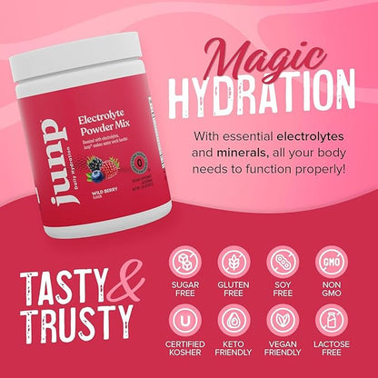 JUNP Electrolytes Powder No Sugar No Carbs – Wild Berry Fruit Flavor Drink Mix - Potassium & Salt Electrolyte Hydration Powder Zero Calorie Sugar Free Electrolyte Powder, Keto Friendly, 180 Servings