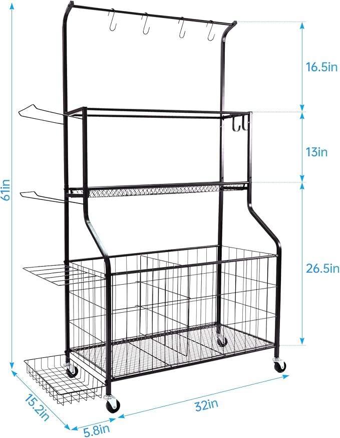Sport euipment Storage, Garage Sports Equipment Organizer, Ball Storage Rack for Sport Gear, Rolling Sports Ball Storage Cart with Wheels, Indoor/Outdoor