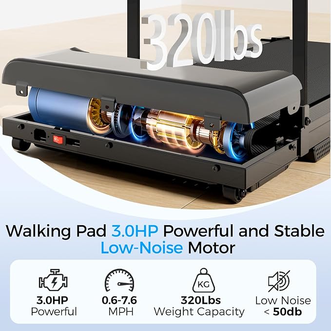 Treadmill with Handle, Treadmills for Home Samll Space, 3.0HP Portable Walking Pad with Handle, Walking Pad Treadmill with 320 LBS Capacity, Electric Compact Treadmills, Lightweight Walking Pad