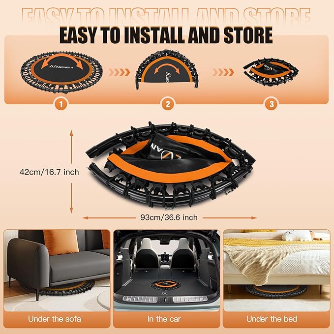 ANCHEER 40" Foldable Mini Trampoline,Max Load 450lbs/550lbs Indoor Trampoline,with 4 Level Adjustable Foam Handle and Resistance Bands,Adult Exercise Trampoline for Home, Garden, and Gym