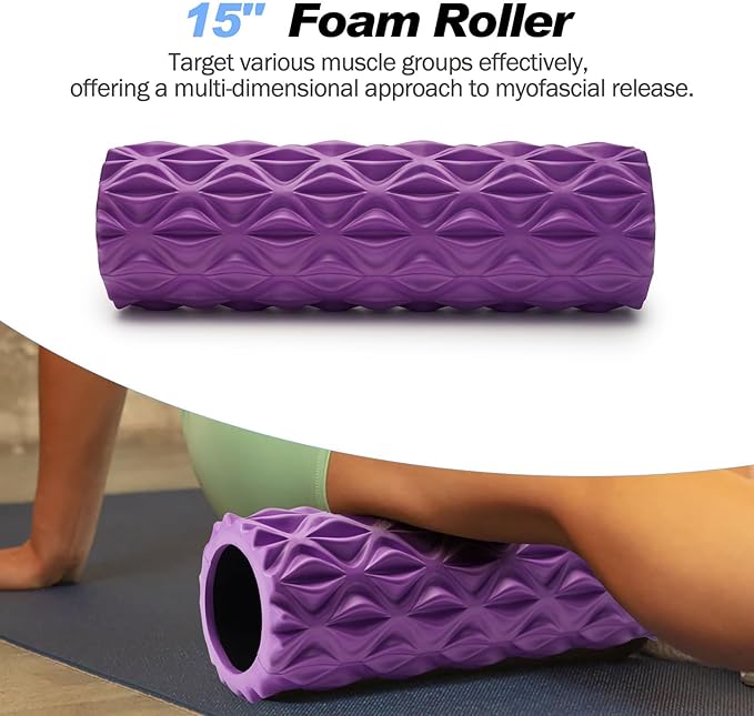 5 in 1 Foam Roller Set Trigger Point Foam Roller, Massage Roller Stick, Massage Ball, Stretching Strap for Deep Muscle Massage Pilates Yoga, Fitness Exercise for Whole Body (Purple Diamond)