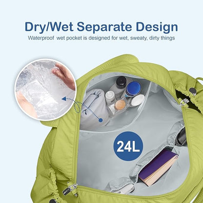 TOPDesign Travel Duffel Bag for Women, Puffer Gym Bag Sports Tote with Wet Pocket, Carry On Weekender with Luggage Sleeve (Light Green)