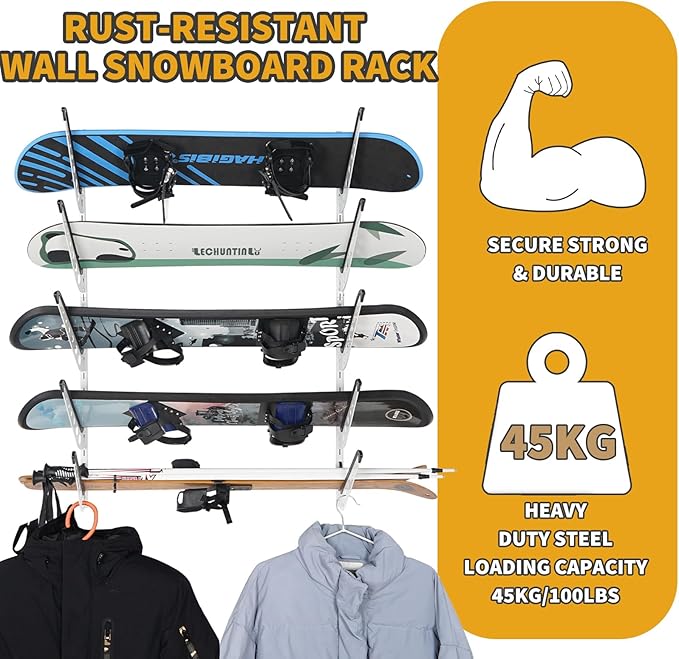5 Board Snowboard Wall Racks, Adjustable Storage Rack for Ski, Surfboard, Wakeboard, Snowboard Wall Mount Display, White