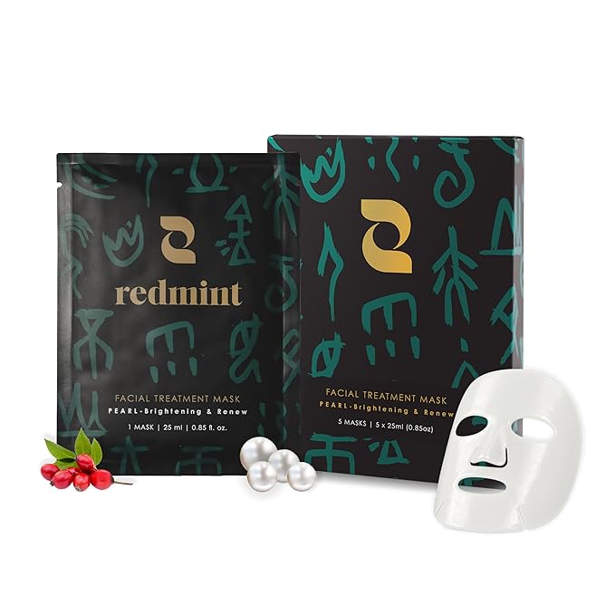 Redmint Renew Face Mask with Pearl & Vitamin C for Skin Radiance & Soften| Rooted In Ancient TCM Wisdom | Anti-Aging & Deep Hydration Sheet Mask for Glowing, Youthful Skin | 5 Sheets