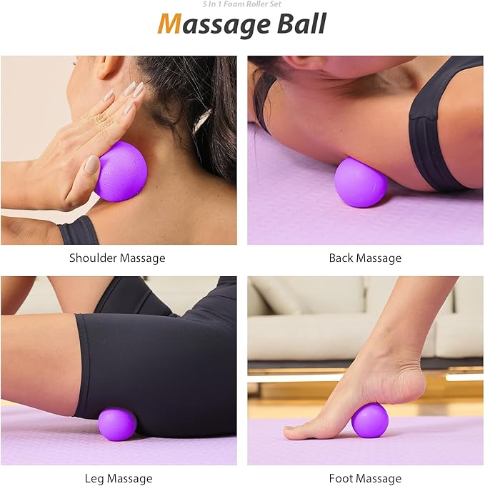 5 in 1 Foam Roller Set - Trigger Point Foam Back Roller, Muscle Roller Stick, Massage Ball, Stretching Band for Deep Muscle Massage Pilates Yoga,Fitness Exercise for Whole Body Release (Purple)
