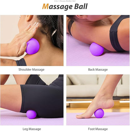 5 in 1 Foam Roller Set - Trigger Point Foam Back Roller, Muscle Roller Stick, Massage Ball, Stretching Band for Deep Muscle Massage Pilates Yoga,Fitness Exercise for Whole Body Release (Purple)