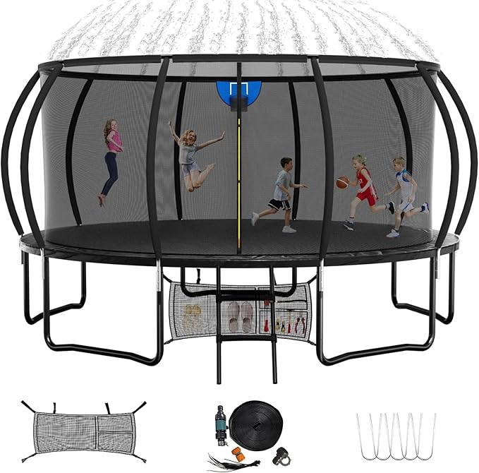 Trampoline 12FT 14FT 15FT 16FT for Kids/Adults - Outdoor Recreational with Enclosure Net Curved Poles and Ladder, Heavy Duty Anti-Rust Coating, ASTM Approval