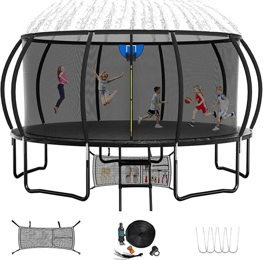 Trampoline 12FT 14FT 15FT 16FT for Kids/Adults - Outdoor Recreational with Enclosure Net Curved Poles and Ladder, Heavy Duty Anti-Rust Coating, ASTM Approval