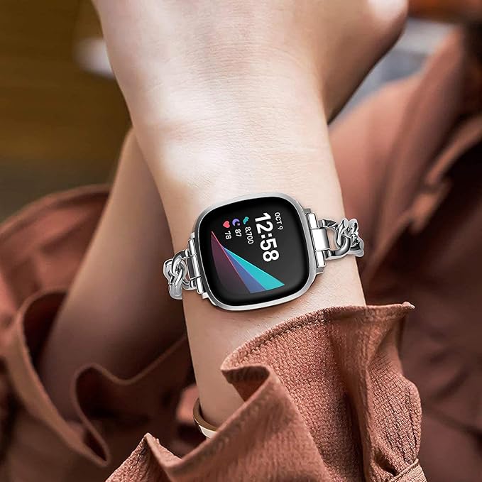 Cool Women Chain Metal Smartwatch Bands Compatible for Fitbit Sense/Fitbit Versa 3 Bands for Dressy Women, Metal Wristband Strap for Fitbit Sense 2/Versa 4