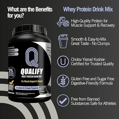 Cookies and Cream Whey Protein Powder. Post Workout Recovery Drink, Gluten & Sugar Free Highly Kosher, 25g Protein. Essential Amino Acids - 5.5g BCAA, 2.7g Leucine, 1.4g Isoleucine, 1.4g Valine 26.4oz