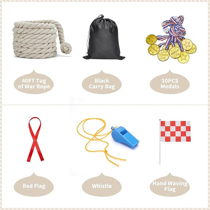 Tug of War Rope for Kids and Adults,Outdoor Games Field Day Family Reunion Birthday Party Games, Summer Outside Yard Backyard Lawn Games, Camping Picnic Carnival Games,Team Building (Off-White, 40FT)