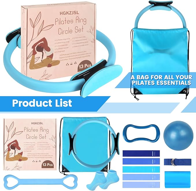 Home Pilates Essentials Kit for Women,Pilates Equipment Set with 9 Inch Yoga Ball,Figure 8 Resistance Band,Pilates Bands & Accessories,Pilates Ring and Ball Set for Beginners Home Workouts