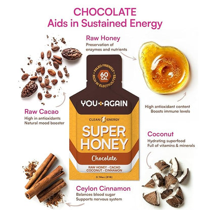 You Again Super Honey Chocolate Packets | Workout Clean Energy Gel Packs | Cycling, Endurance, Running Gel or Energy Snack | Paleo & Carnivore Snack | Gluten-Free | Made in USA | 8 Count