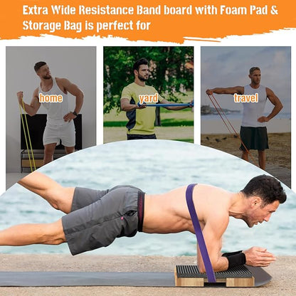Wooden Fitness Board - Resistance Band Workout Footplate with Foam Pad & Storage Bag - Wood Exercise Step Platform with Non-Slip Surface for Home Body Gym, Strength Training