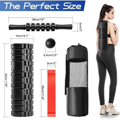 5-in-1 Foam Roller Set, Massage Roller Stick, Massage Ball, Resistance Band for Deep Muscle Massage, Trigger Point Release, Pilates, Yoga (Black-18(5 in 1))