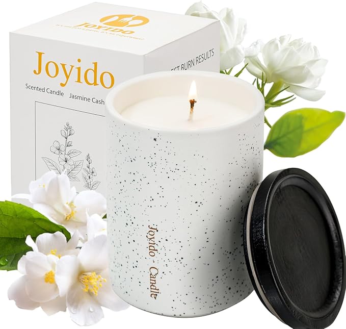 14OZ Jasmine Cashmere Scented Candle - Aromatherapy Candles with Lid - Soy Candles for Home Scented - Luxury Ceramic Jar Candle for Bedroom Kitchen Home Decor, Housewarming Party