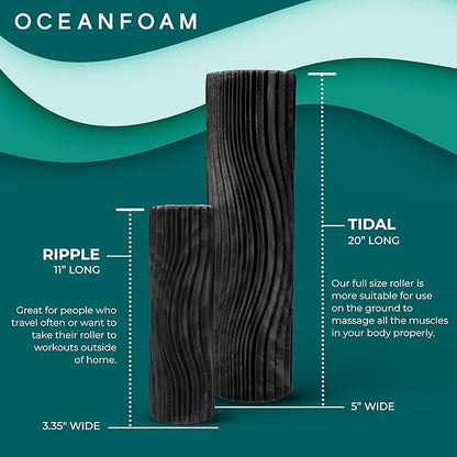Oceanfoam Tidal Roller - Black & Charcoal Marbled - Muscle Massage Foam Roller for Back Pain & Stretching - Firm and Ergonomic Wide Wave Textured - Yoga, Athletics, & Wellness - Full Size, 20" x 5"