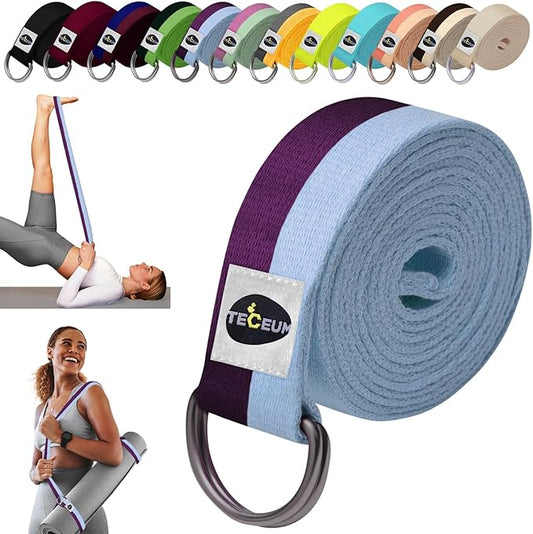 TECEUM Yoga Strap & Mat Strap – 2 IN 1 – Cotton – 6 ft 8 ft 10 ft (30+ colors) – Adjustable Non-Slip Belt for Yoga, Pilates, Stretching, Physical Therapy, Fitness & Home Workout – For Carrying Mats