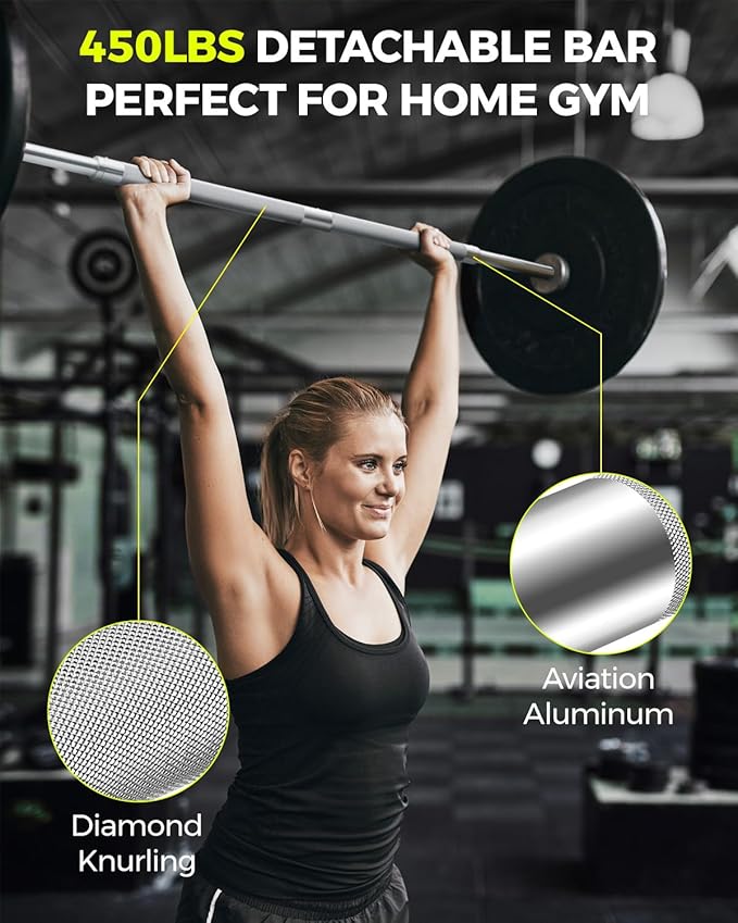 DASKING 4ft/4.9ft Barbell, 1-Inch Standard Detachable Bar, Portable Strength Training Bar for Weightlifting, Squat, Bench Press, Home Gym, 450LBS, Includes Silent Collars