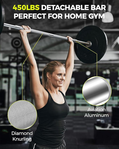 DASKING 4ft/4.9ft Barbell, 1-Inch Standard Detachable Bar, Portable Strength Training Bar for Weightlifting, Squat, Bench Press, Home Gym, 450LBS, Includes Silent Collars