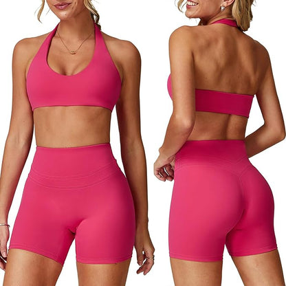Two piece yoga short set for women with Halter top and gym short Matching workout sets for yoga,Pilates,run