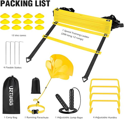 Soccer Training Equipment, Speed Agility Training Equipment for Kids Youth Adults, 20ft Agility Ladder, 4 Hurdles, Jump Rope, 12 Soccer Cones, Running Parachute, Football Training Equipment