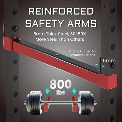 Fitness Reality Power Cage Squat Rack with Optional LAT Pulldown, Cable Crossover, 800 lb Capacity, Multi-Grip Pull-Up Bar, Adjustable Safety Bars, Strength Training for Home Gym