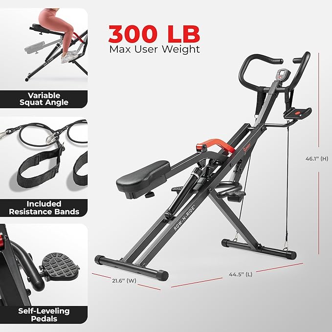 Sunny Health & Fitness Row-N-Ride PRO, Full Body Combo Squat Machine w/Optional Resistance Band, Easy Setup Ab Workout Exercise Equipment for Home, Whole Body Cardio, Optional SunnyFit App Connection