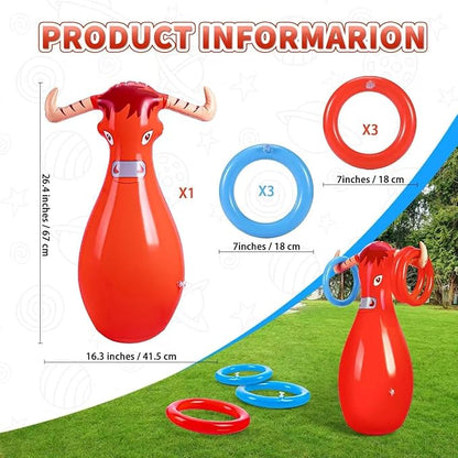 Inflatable Bull Toss Ring Game Set Include 2 Inflatable Bull 12 Rings for Summer Outdoor Beach Pool Cowboy Fiesta Rodeo Party