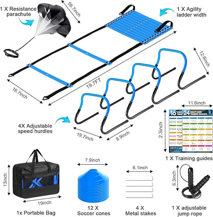 Soccer Training Equipment, Agility Speed Training Set with 20ft Speed Ladder, 12 Cones, 4 Adjustable Hurdles, Jump Rope, Parachute | Ideal for Basketball, Football Practise, for Kids, Youth, Adults