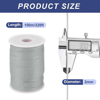 MECCANIXITY 1/12 Inch Polypropylene Rope Braided Ropes, 328ft Nylon Rope Hollow Utility Cord for Clothesline, Camping, Hiking, Outdoor, Light Grey