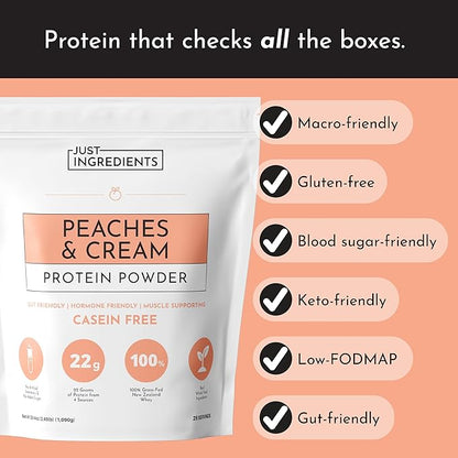 JUST INGREDIENTS Peaches & Cream Protein Powder ??25-Serving Blend with 100% Grass-Fed Whey & Organic Plant Proteins ??Real Peach Flavor ??Supports Muscle Recovery, Energy*