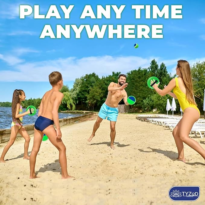 Toss and Catch Ball Set, Outdoor Games, Beach Games for Kids, Toss Ball and Catch Game Set for Kids/Family (6 Paddles, 3 Balls and 1 Storage Bag) (Blue-Green)