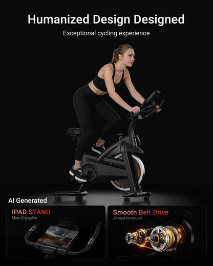 Exercise Bike,Brake Pad Stationary Bike for Home with 0-100 Resistance & App, Silent Belt Drive