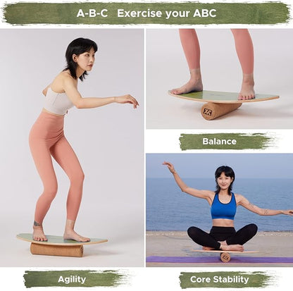 XCMAN Surf Balance Board Trainer with Roller Wooden Exercise Balancing Stability Trainer - Non Slip Surface for Adults Kids|Balance Board for Surfing,Snowboarding,Skateboarding,Hockey,Yoga Training