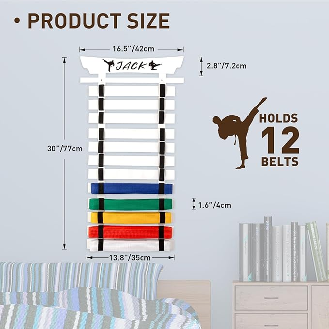 12 Belts Karate Belt Display Rack with Stickers, Martial Arts Belt Display Holder, Taekwondo Belt Jiu Jitsu Belt BJJ Belt Display Hanging Holder for Adults