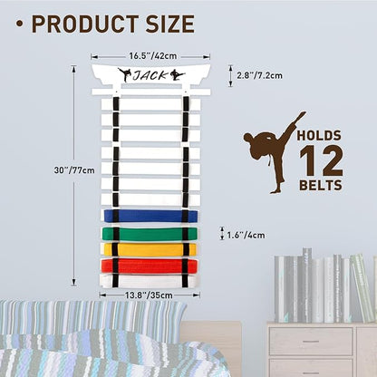 12 Belts Karate Belt Display Rack with Stickers, Martial Arts Belt Display Holder, Taekwondo Belt Jiu Jitsu Belt BJJ Belt Display Hanging Holder for Adults